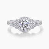 Round halo pavé moissanite engagement ring in white gold vermeil, oval halo with pavé band