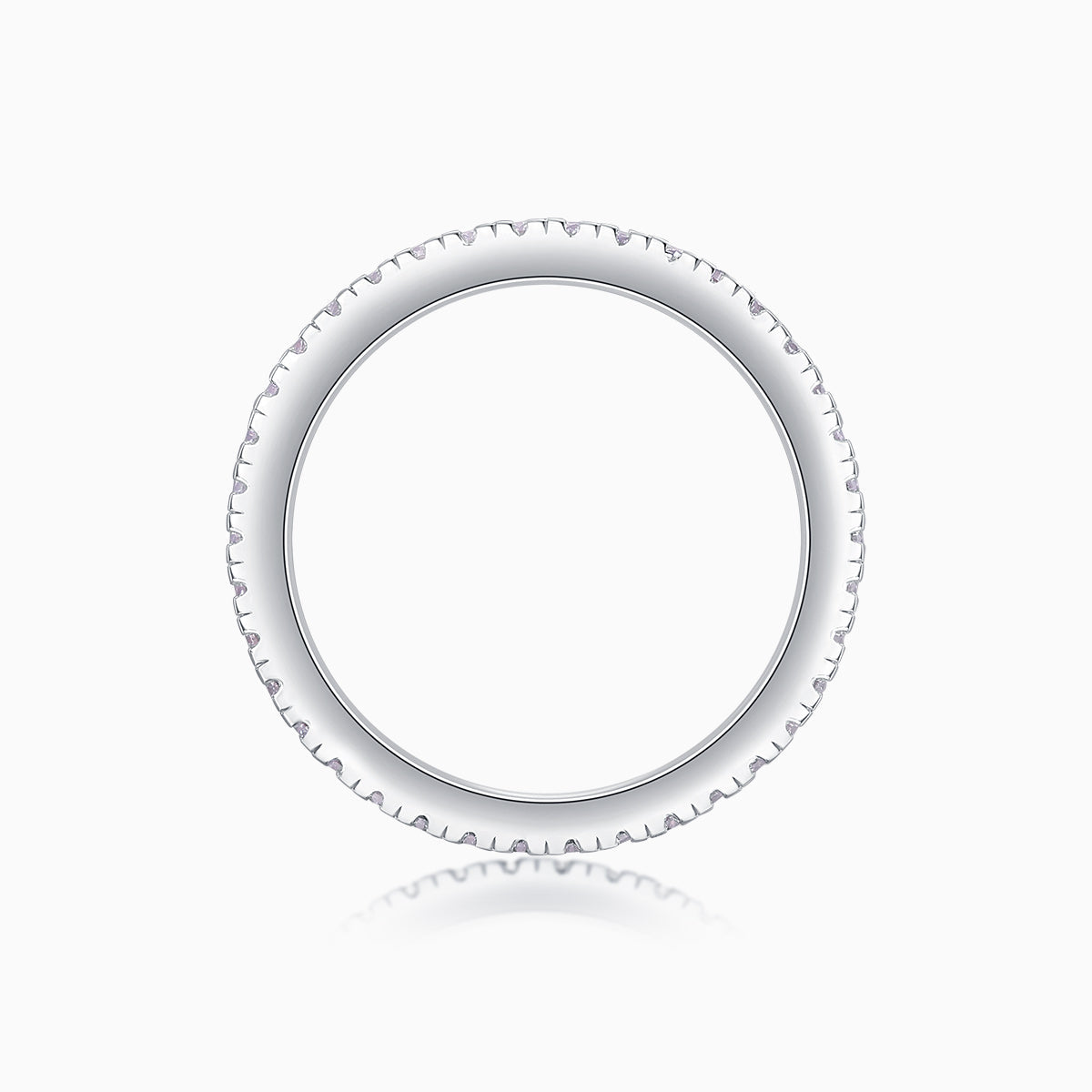 Moissanite eternity band top view with scalloped pave edge and smooth inner band