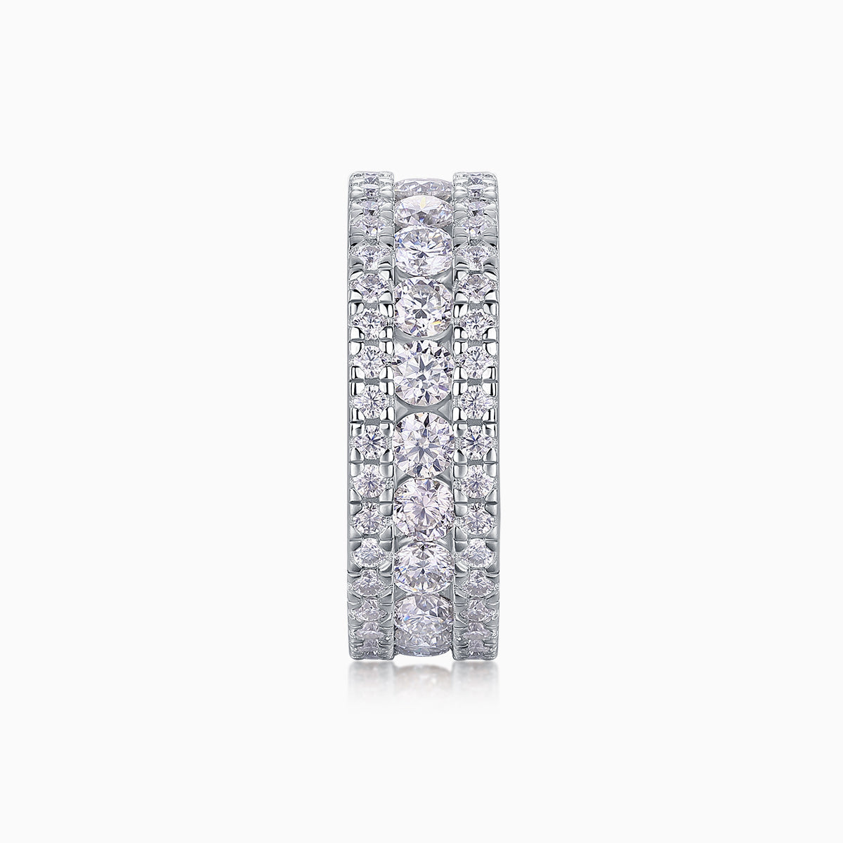 Triple Row Moissanite Eternity Band front view with round center stone and pave