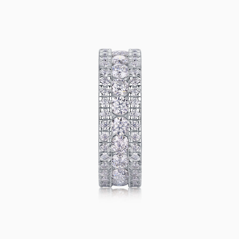 Triple Row Moissanite Eternity Band front view with round center stone and pave