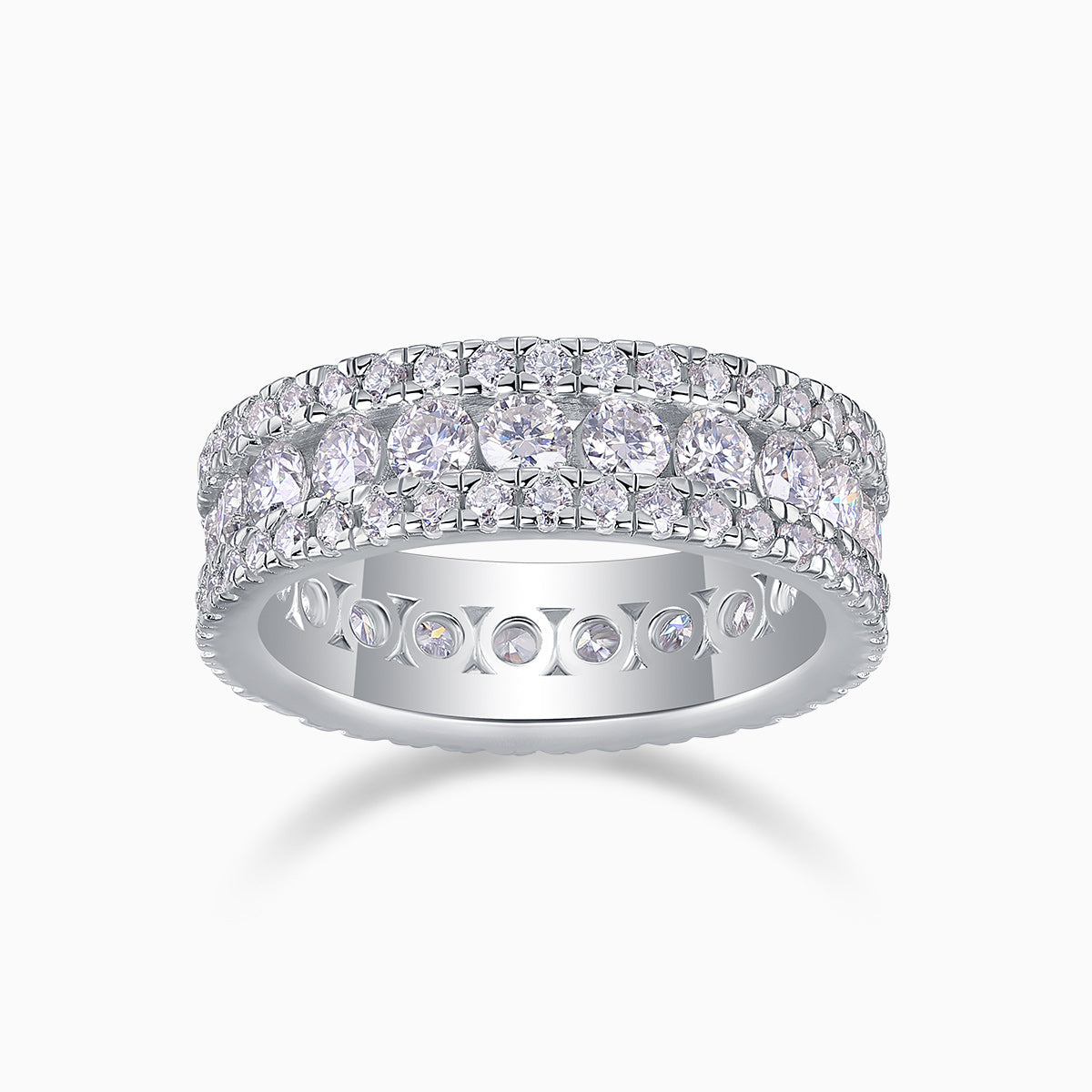 Triple Row Moissanite Eternity Band in White Gold Vermeil, three stone rows