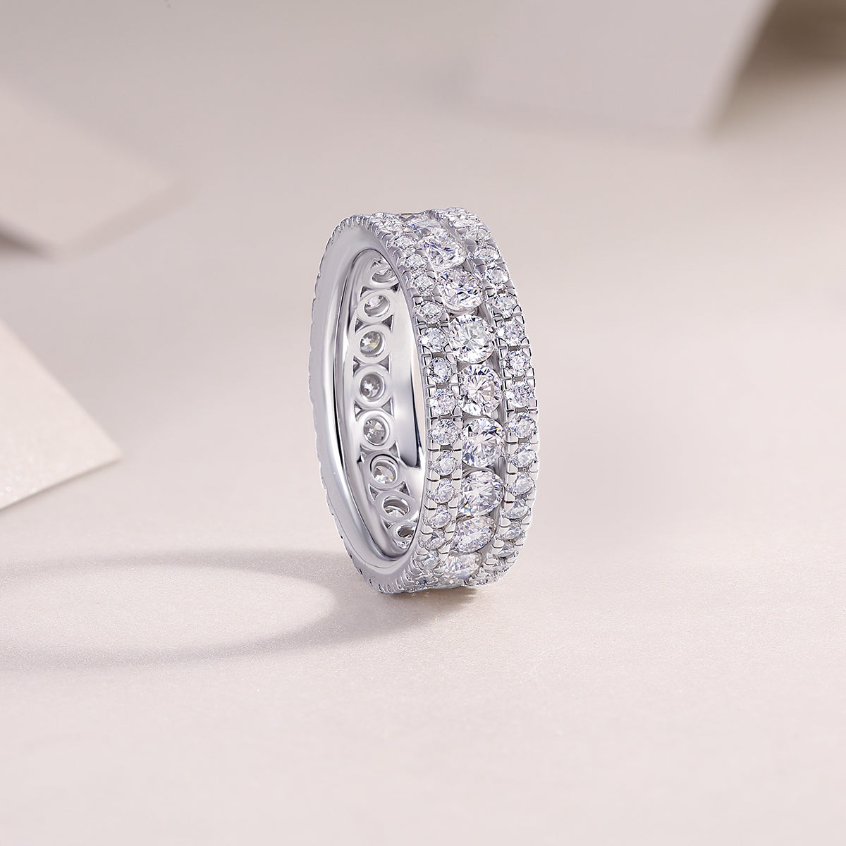 Triple Row Moissanite Eternity Band profile, continuous round stones in pave setting