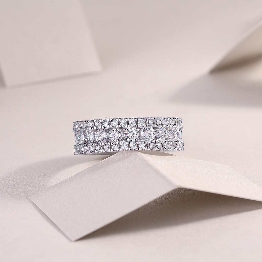 Triple Row Moissanite Eternity Band with continuous round pave stones, stacked rows
