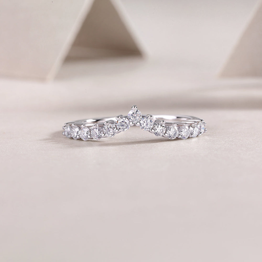 Curved Moissanite Pavé Band worn on hand, white gold vermeil with sparkling round stones