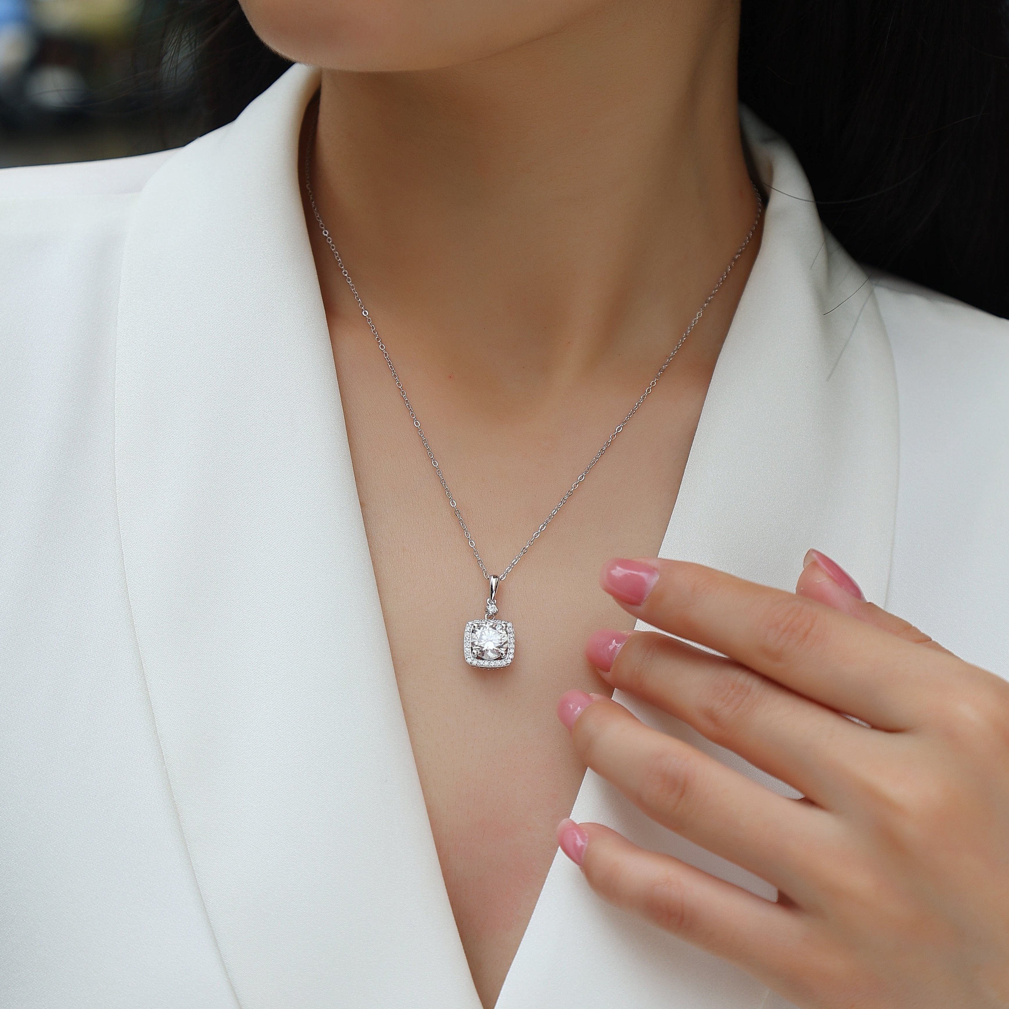 Moissanite pendant necklace with square halo center stone, white gold vermeil chain