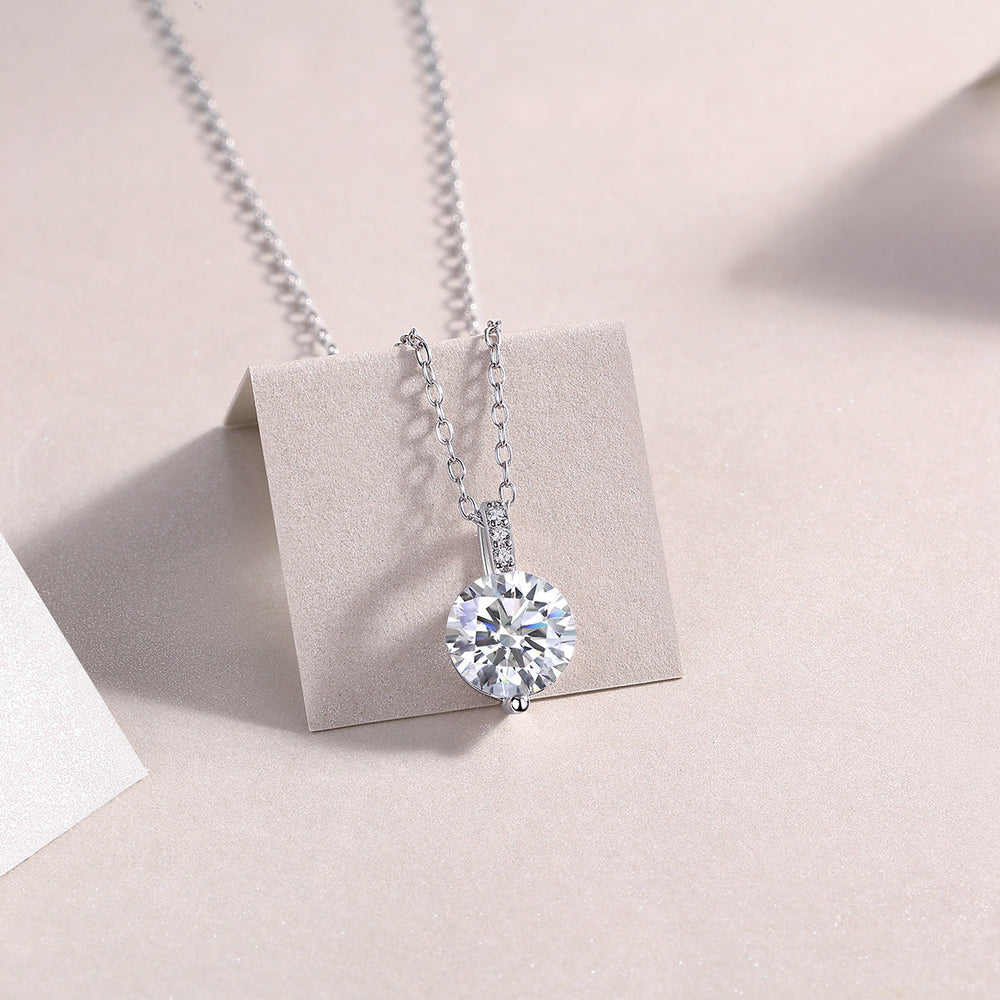 Round moissanite solitaire pendant with pavé bail, white gold vermeil chain