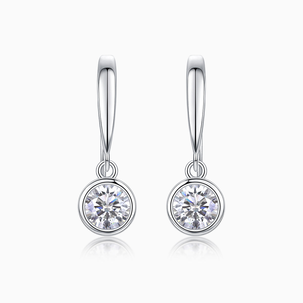 Bezel solitaire moissanite drop earrings, round stone in white gold vermeil