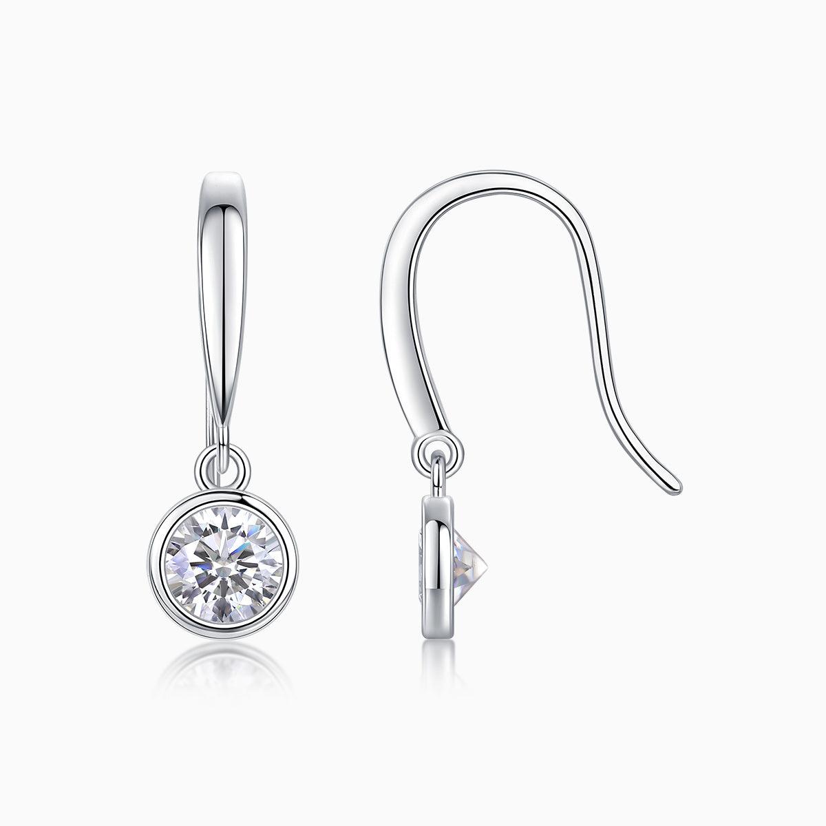 Bezel solitaire moissanite drop earrings, round stone and French hook backs