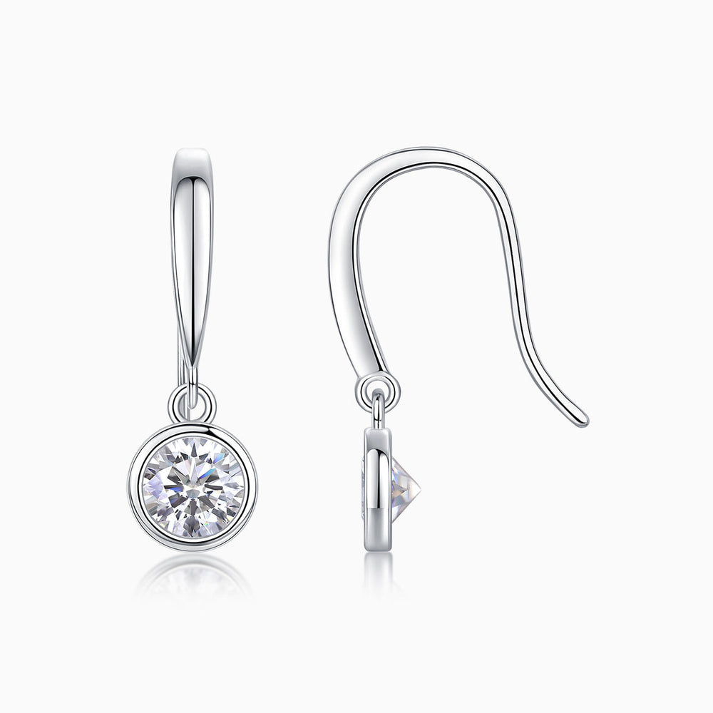 Bezel solitaire moissanite drop earrings, round stone and French hook backs