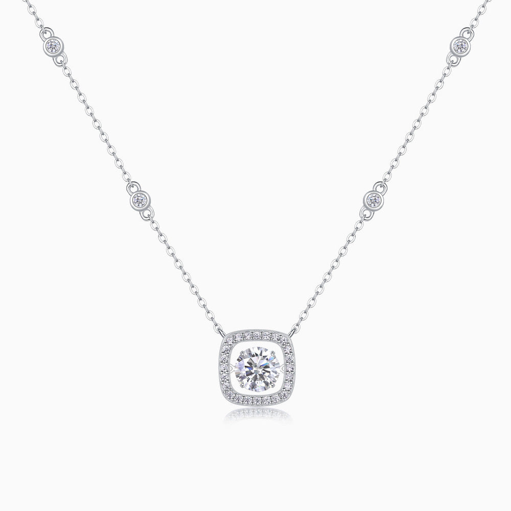 Cushion halo moissanite pendant necklace with station chain, white gold vermeil