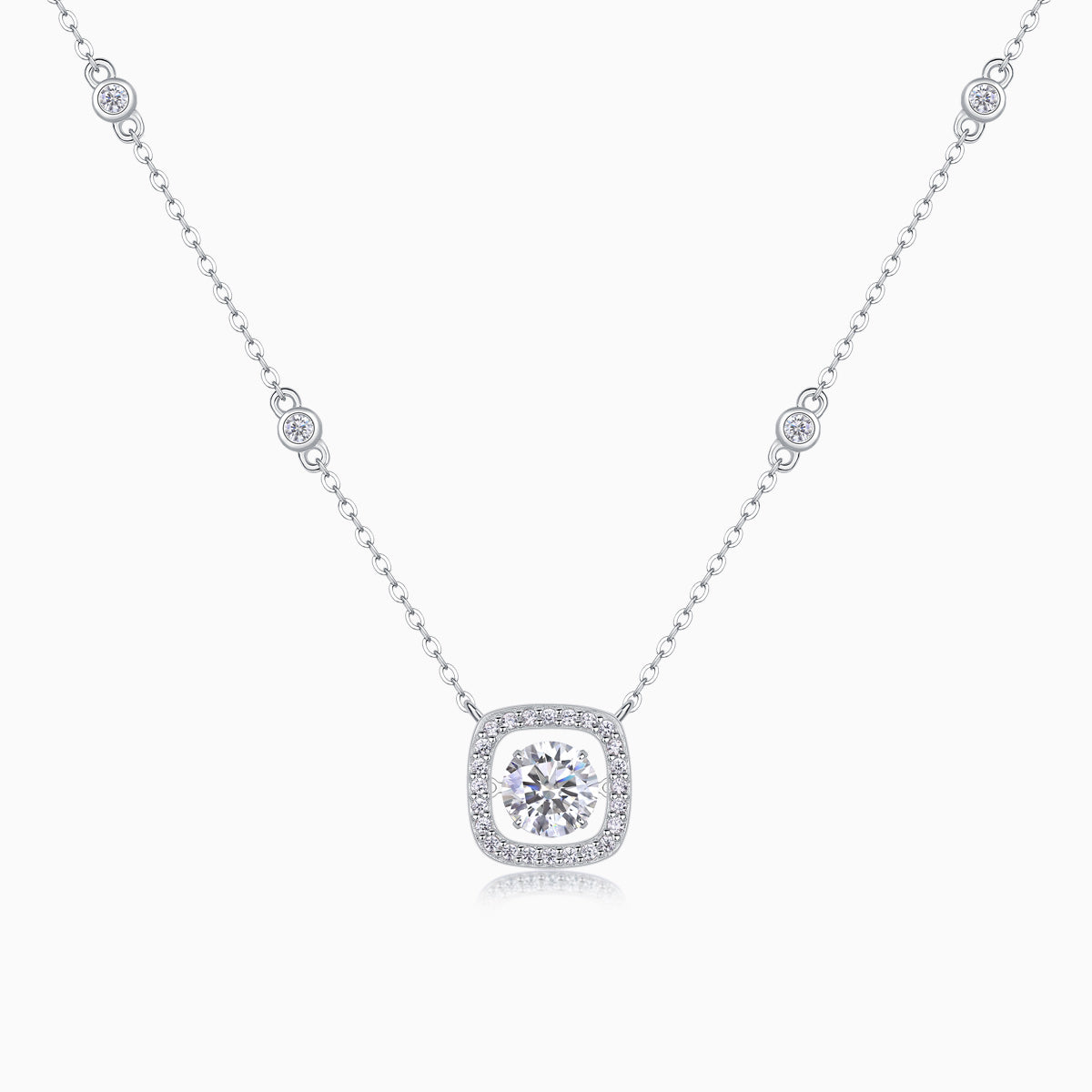 Cushion halo moissanite pendant necklace with station chain, white gold vermeil