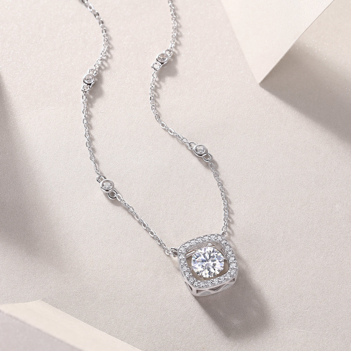 Square halo cushion moissanite pendant with frame on station chain, white gold vermeil