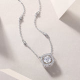 Square halo cushion moissanite pendant with frame on station chain, white gold vermeil