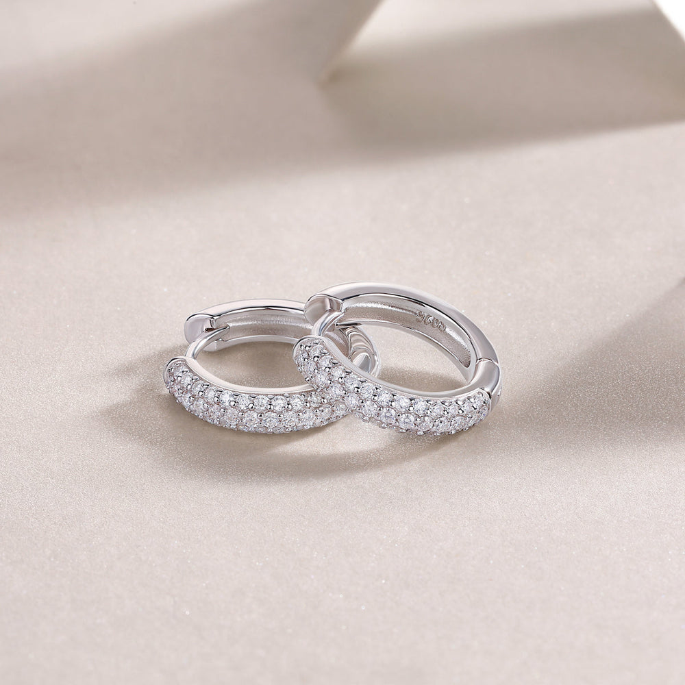 Triple row pavé moissanite huggie hoop earrings, side view—white gold vermeil