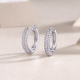 Triple row pavé moissanite huggie hoops, front view—white gold vermeil