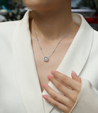 Cushion halo moissanite pendant necklace on model, station chain, white gold vermeil