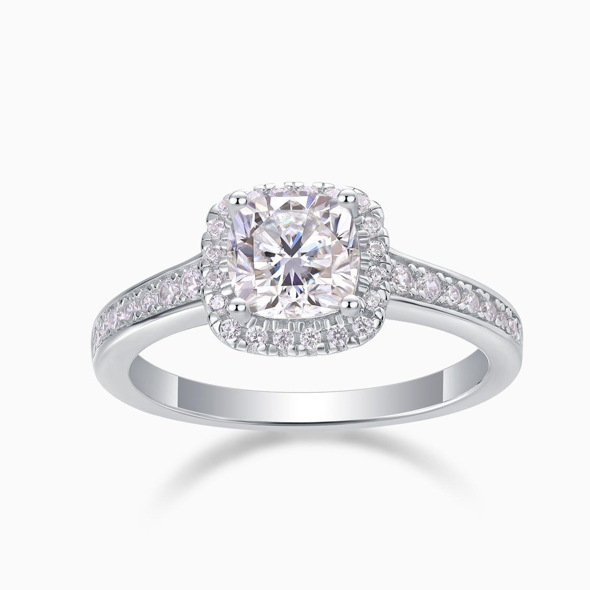 Cushion halo pavé moissanite engagement ring, white gold vermeil, pavé band detail
