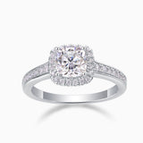 Cushion halo pavé moissanite engagement ring, white gold vermeil, pavé band detail