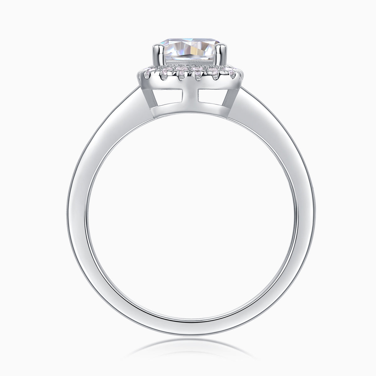 Cushion halo ring side view, pavé prongs and wide shank in white gold