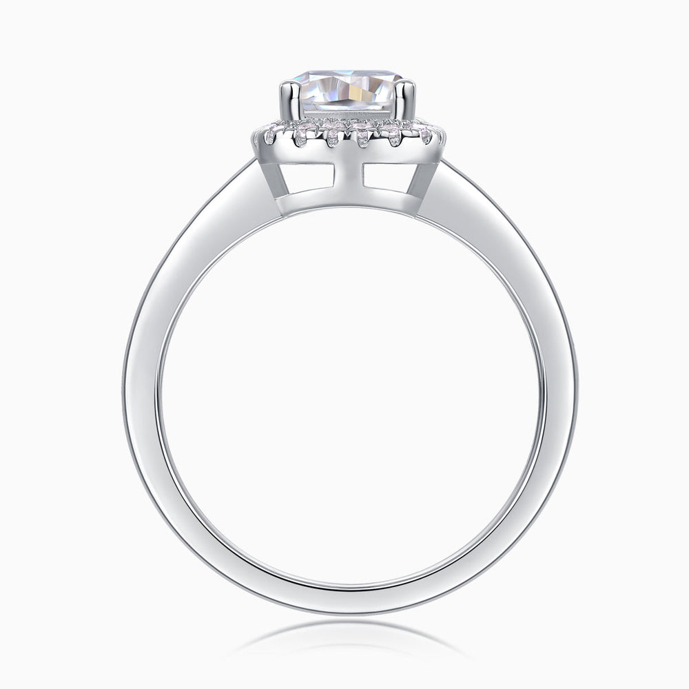 Cushion halo ring side view, pavé prongs and wide shank in white gold