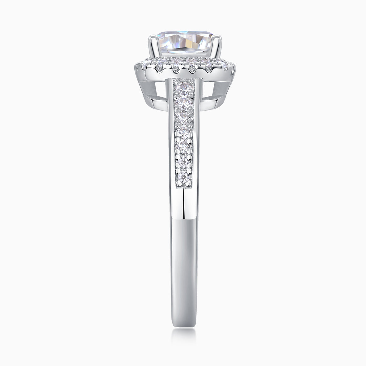 Front view of cushion-cut moissanite in halo, pavé-set band and prongs