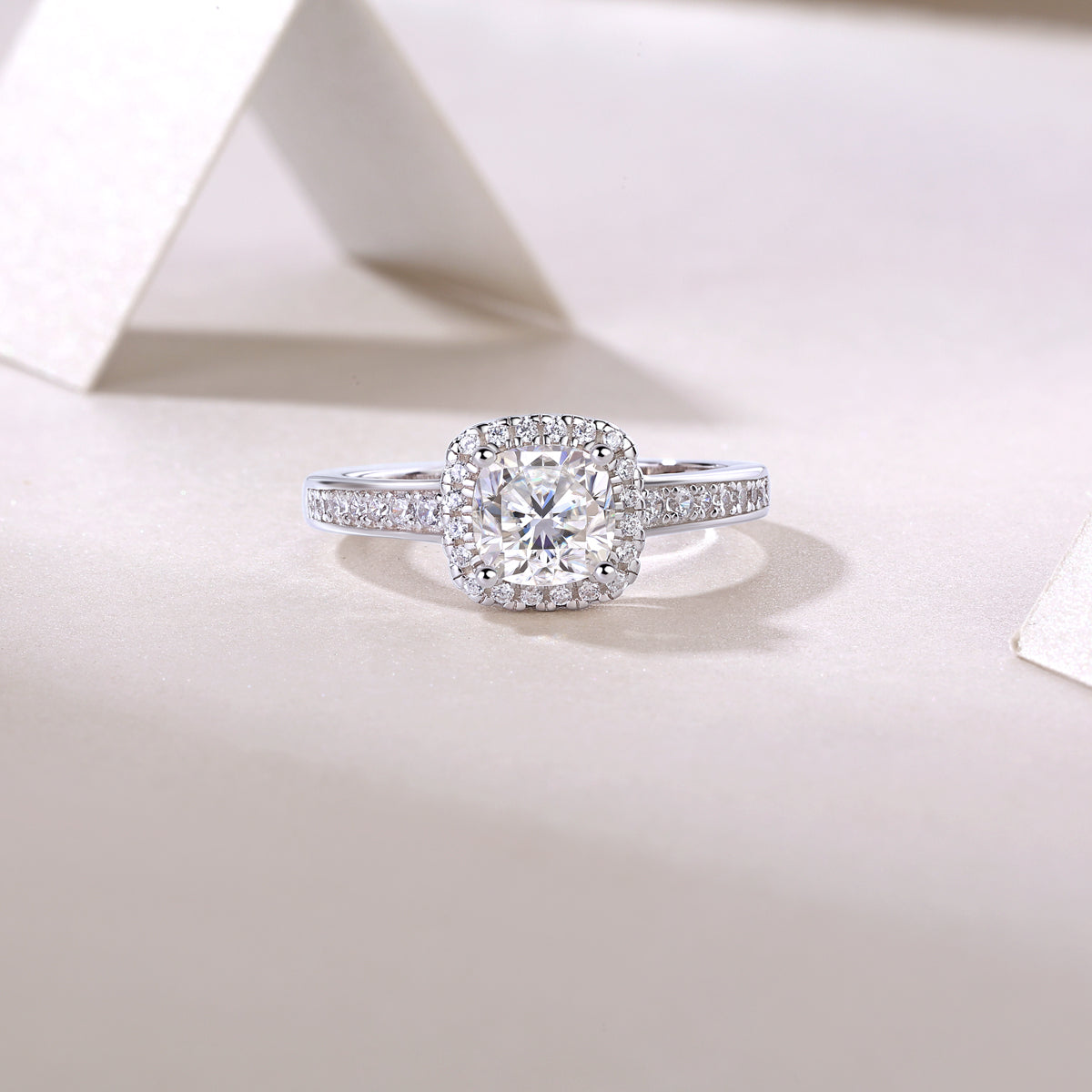 Cushion halo pavé moissanite engagement ring, round halo stones and pavé band