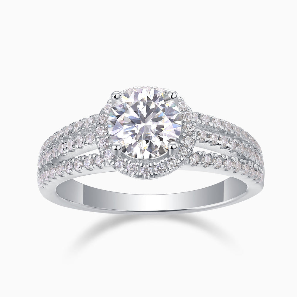 Round halo moissanite ring with pavé split shank, white gold vermeil