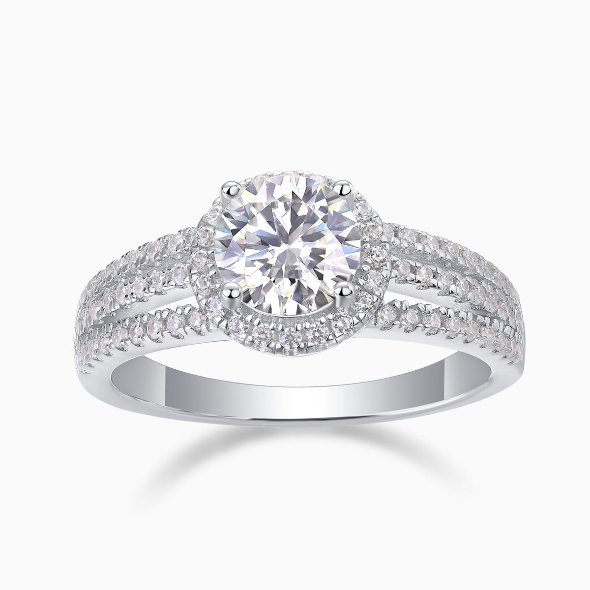 Round halo moissanite ring with pavé split shank, white gold vermeil