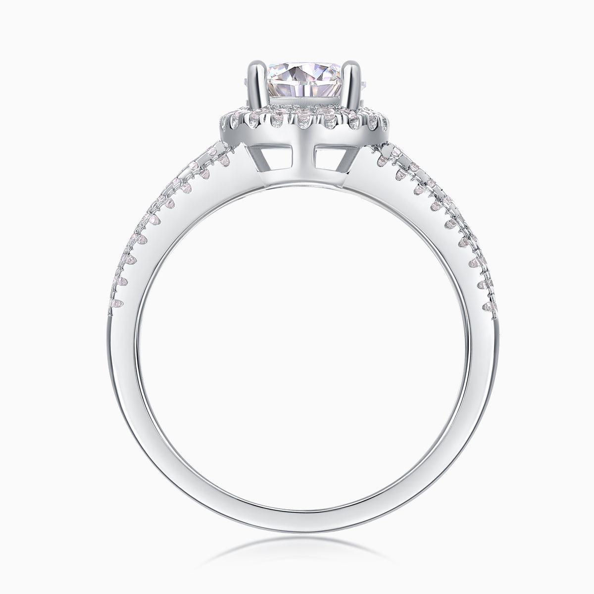 Back view showing pavé split shank and halo setting with round center stone