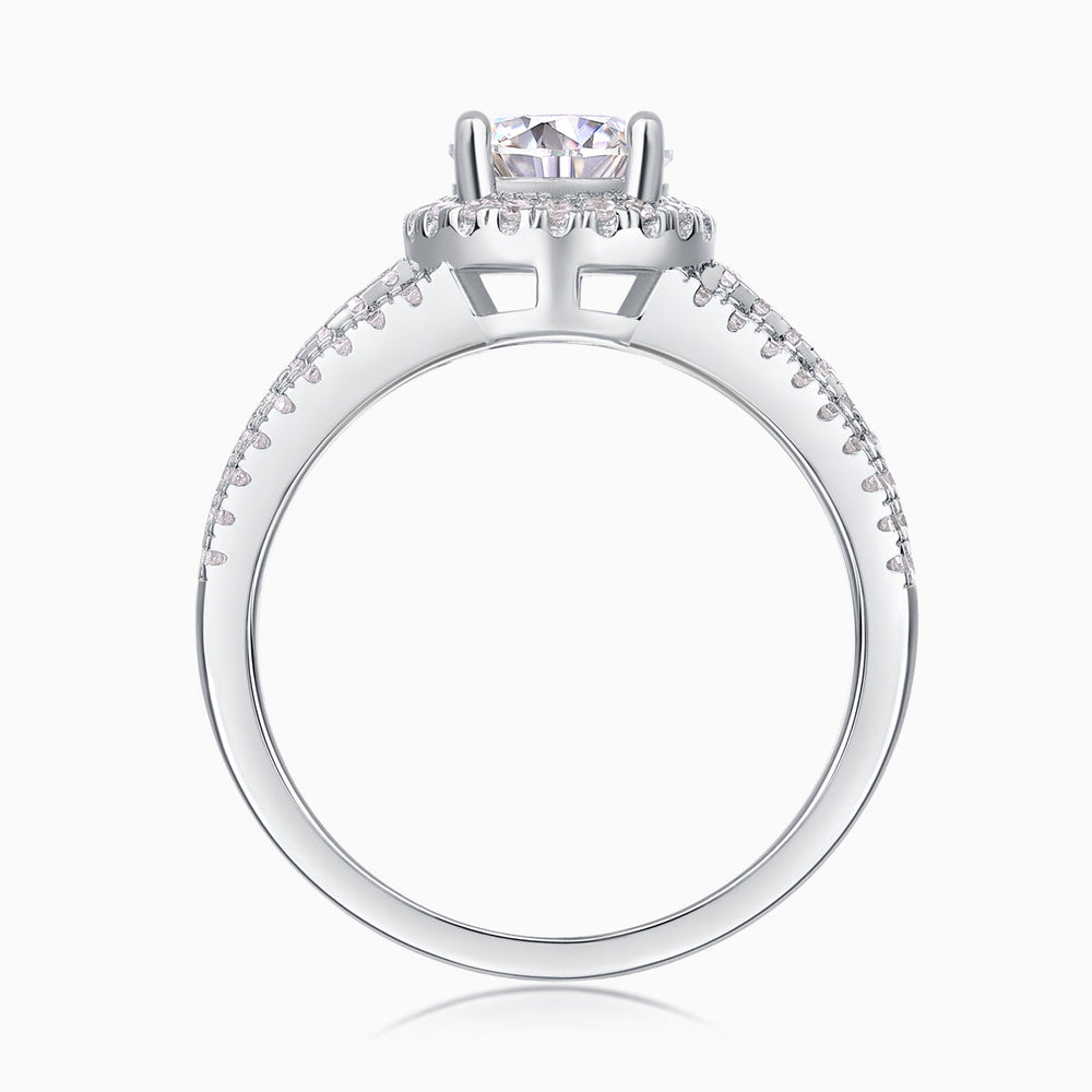 Back view showing pavé split shank and halo setting with round center stone