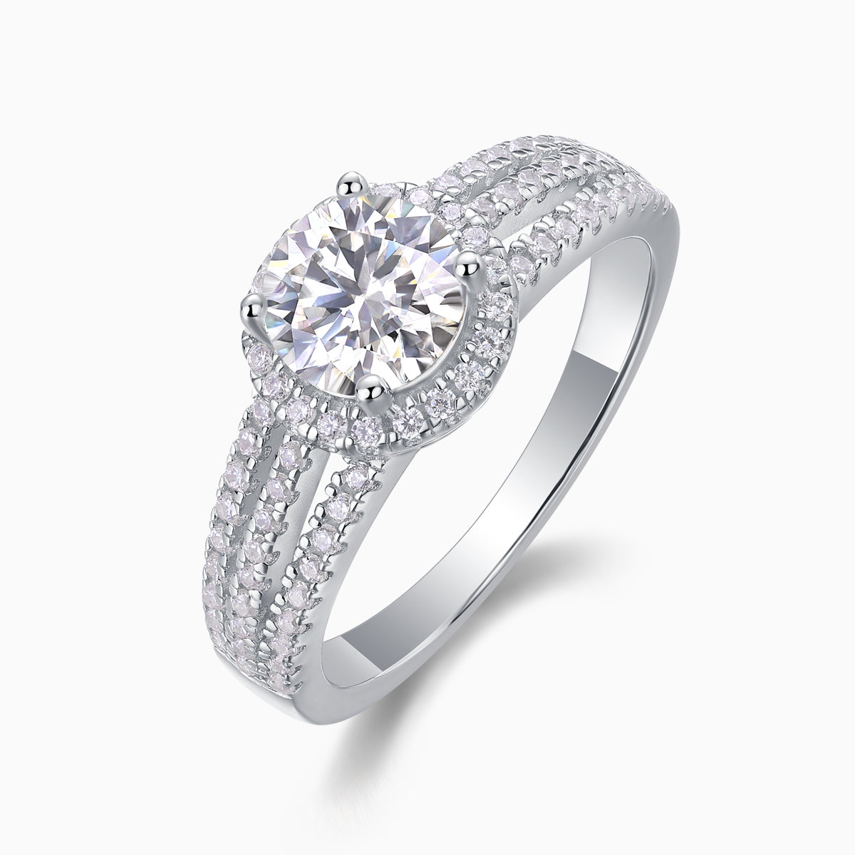 Angled view of round halo moissanite ring with textured pavé split shank