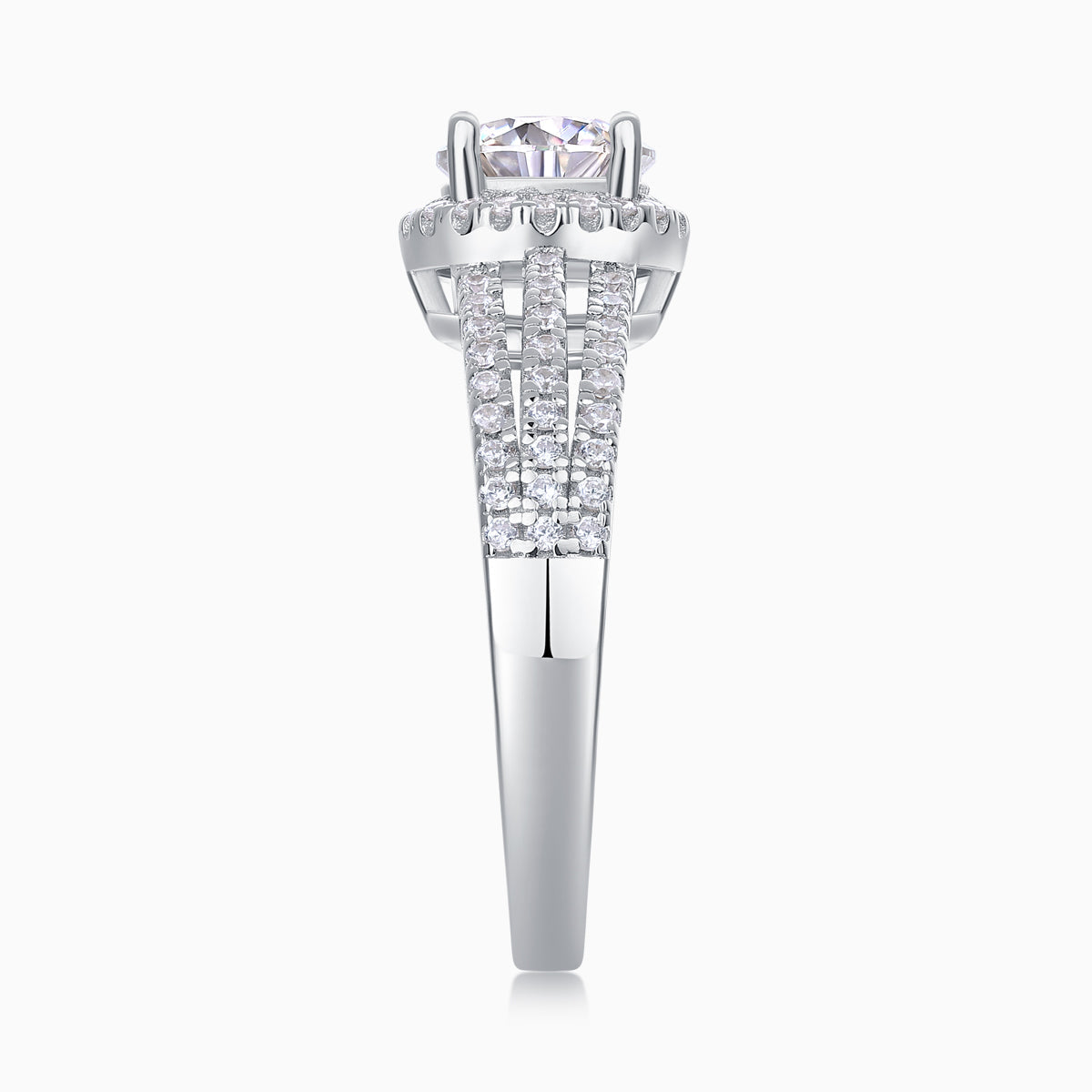 Front view of round halo moissanite ring in white metal with pavé split shank