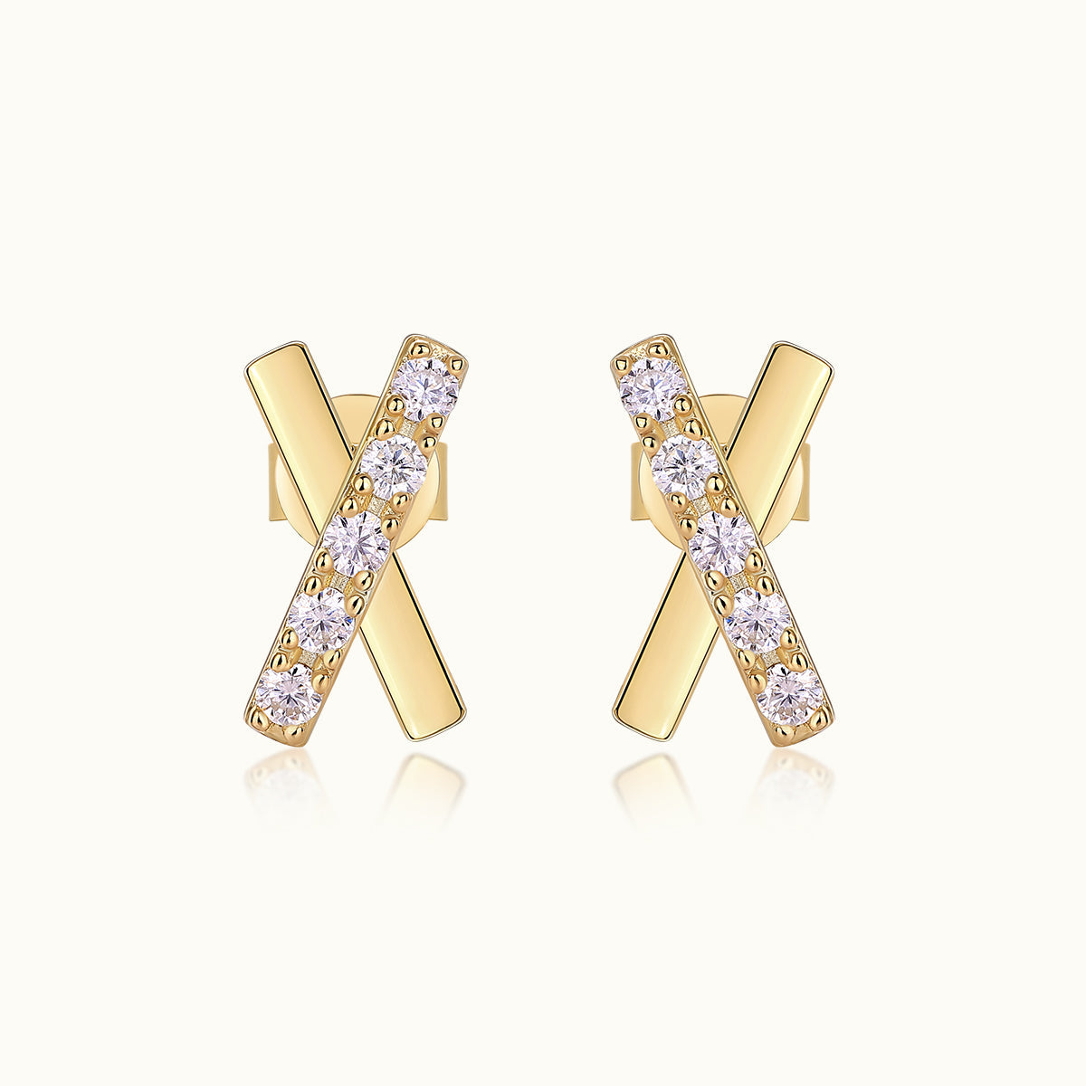 Pair of cross moissanite pave stud earrings, yellow gold vermeil