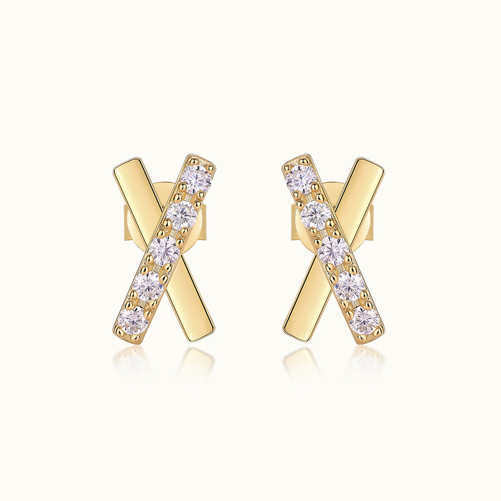 Pair of cross moissanite pave stud earrings, yellow gold vermeil