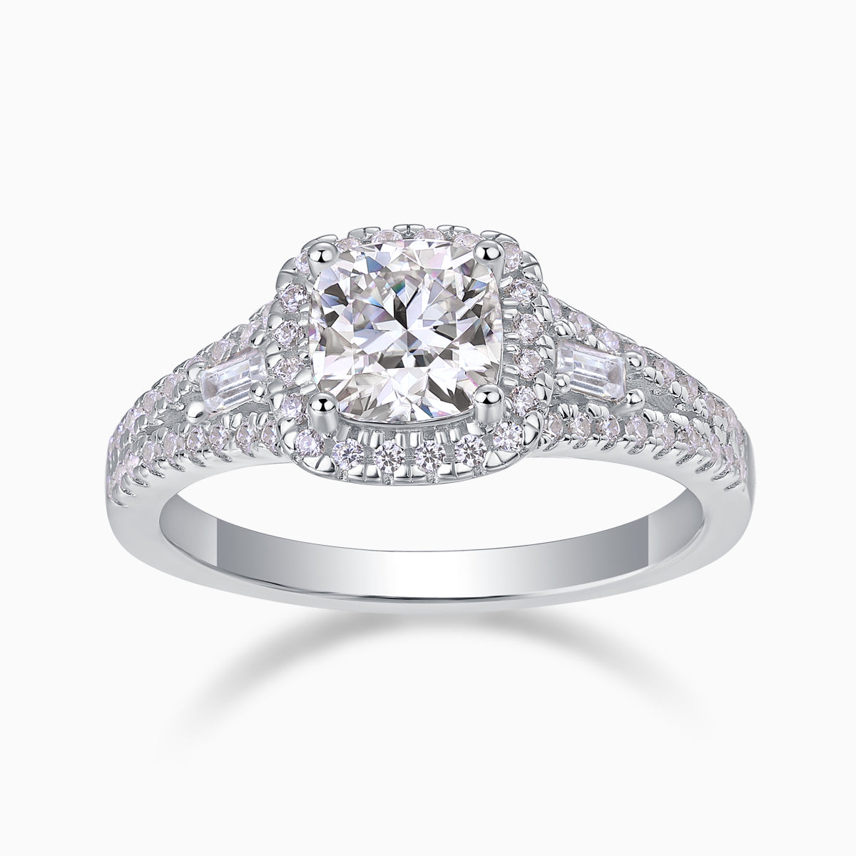 Cushion cut halo baguette & pavé moissanite ring, white gold vermeil, round center