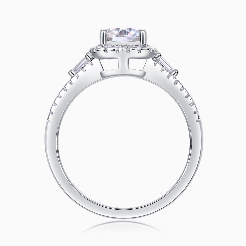 Baguette and pavé halo moissanite ring band view, white gold vermeil, open angle