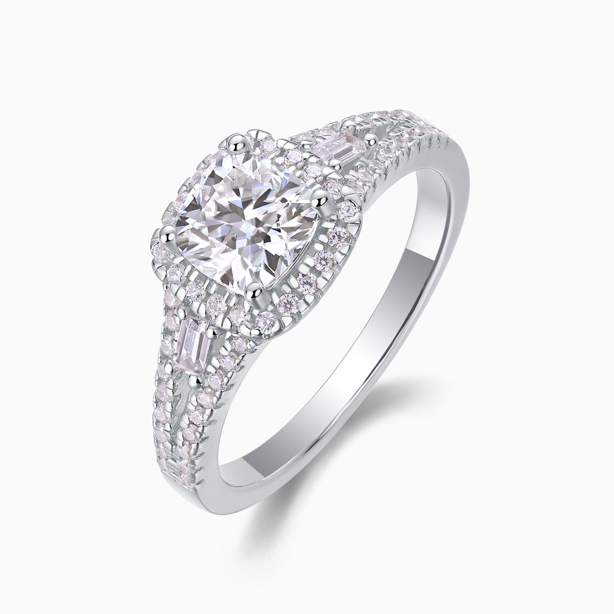 Three-quarter view cushion cut halo moissanite ring with pavé band, white gold vermeil