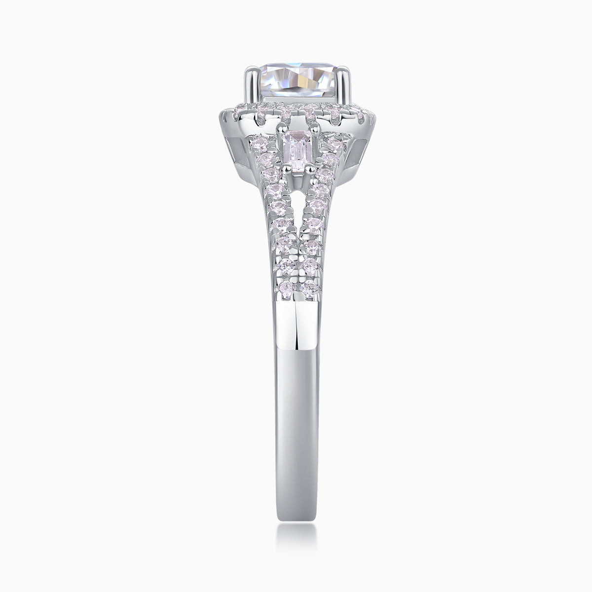 Front view cushion cut halo moissanite ring with prongs and pavé side stones, white gold