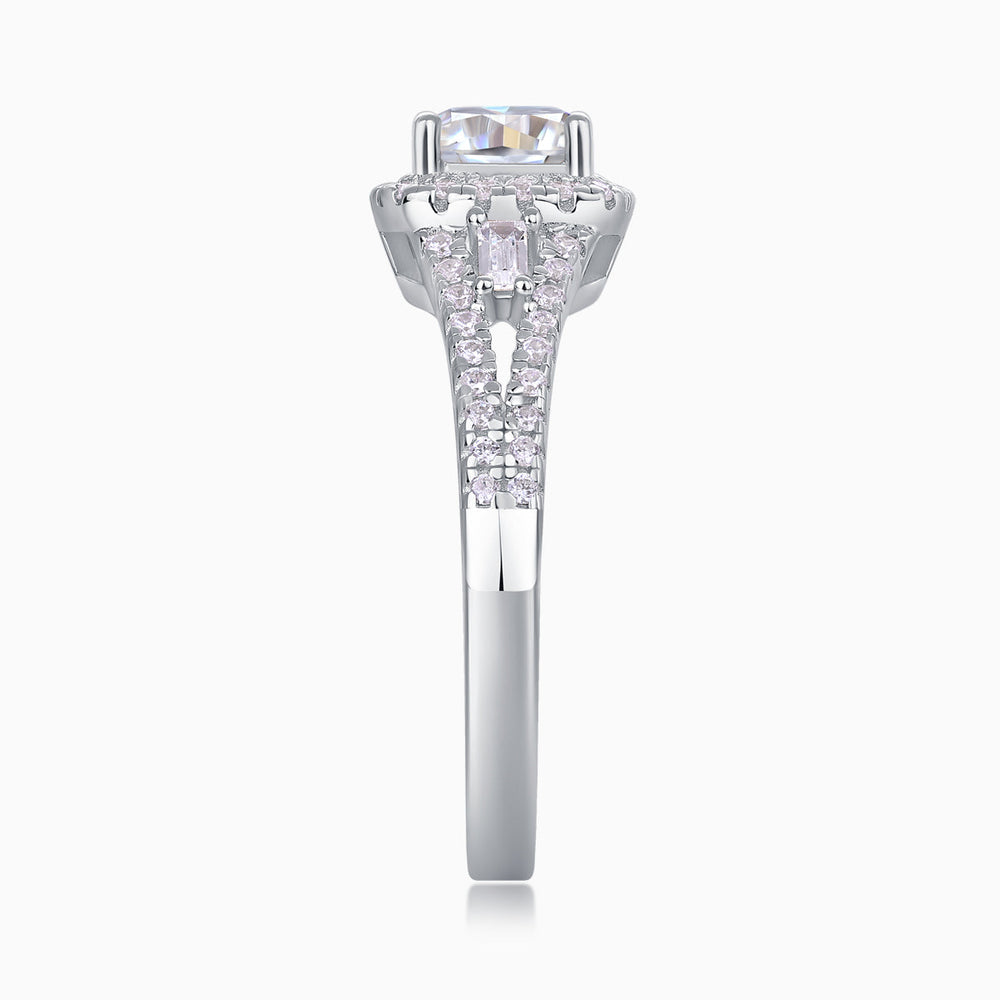 Front view cushion cut halo moissanite ring with prongs and pavé side stones, white gold