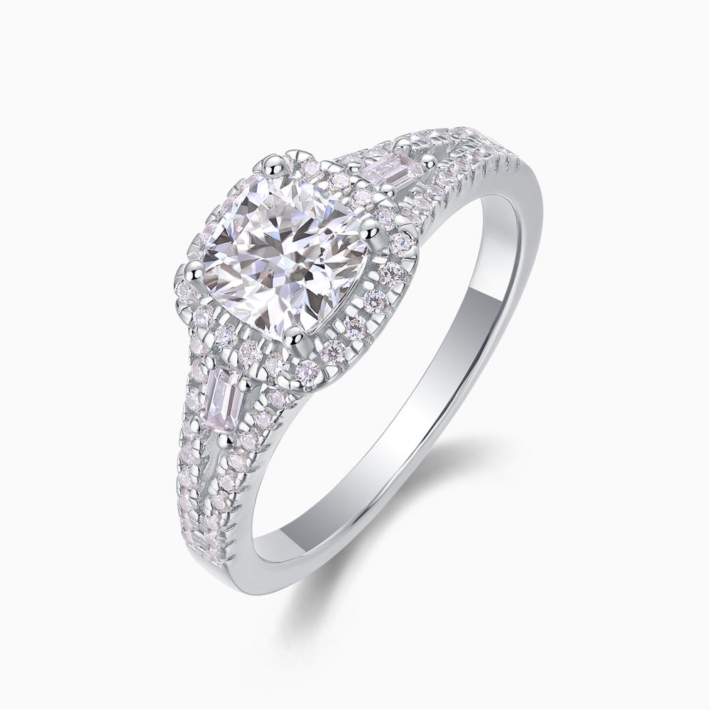 Three-quarter view cushion cut halo moissanite ring with pavé band, white gold vermeil