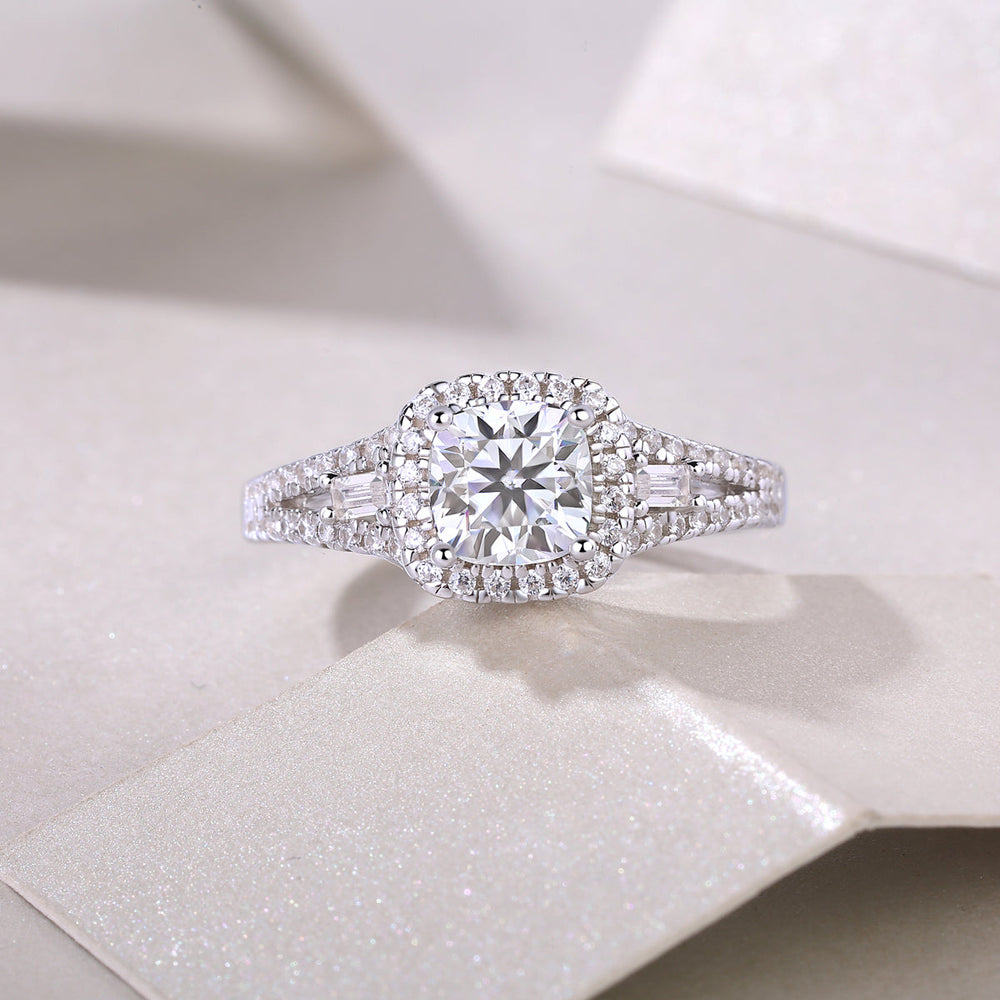 Cushion cut halo moissanite ring with baguette accents and pavé details, white gold