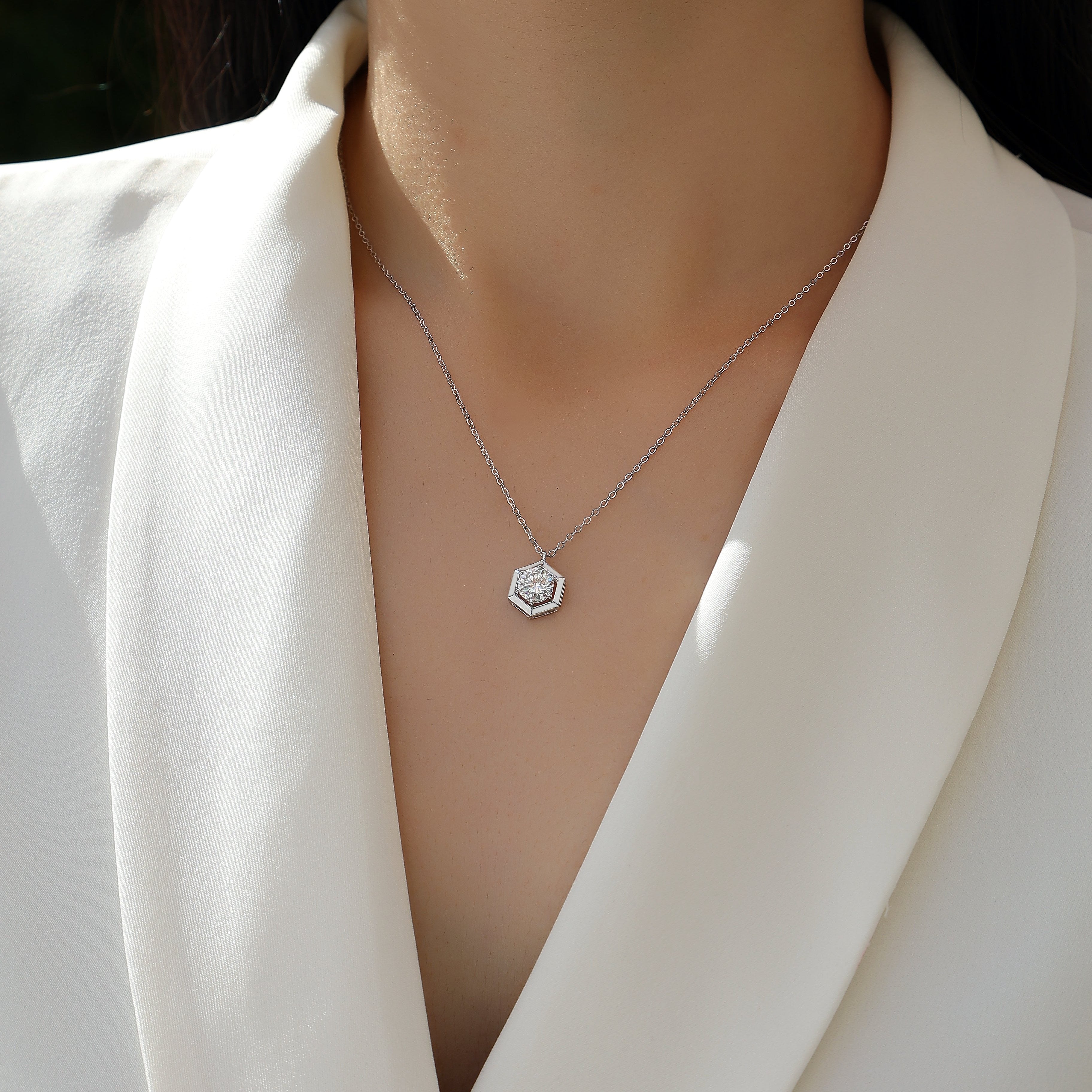 Hexagon frame moissanite pendant on thin chain, white gold vermeil