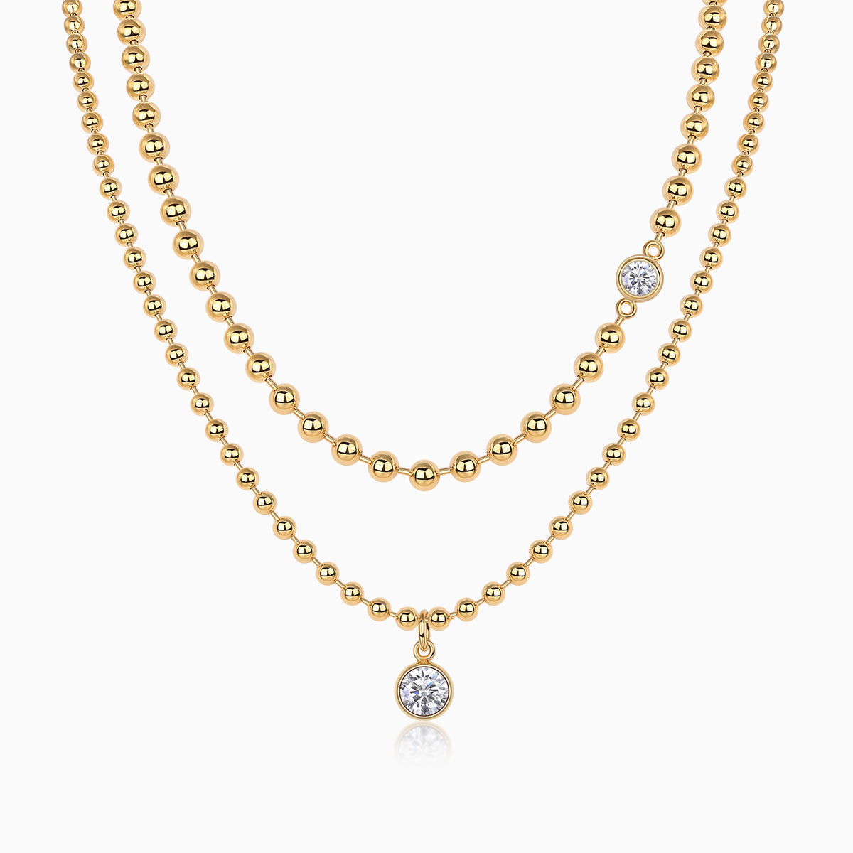 Double-layer beaded necklace set with round blue gem pendant, yellow gold vermeil