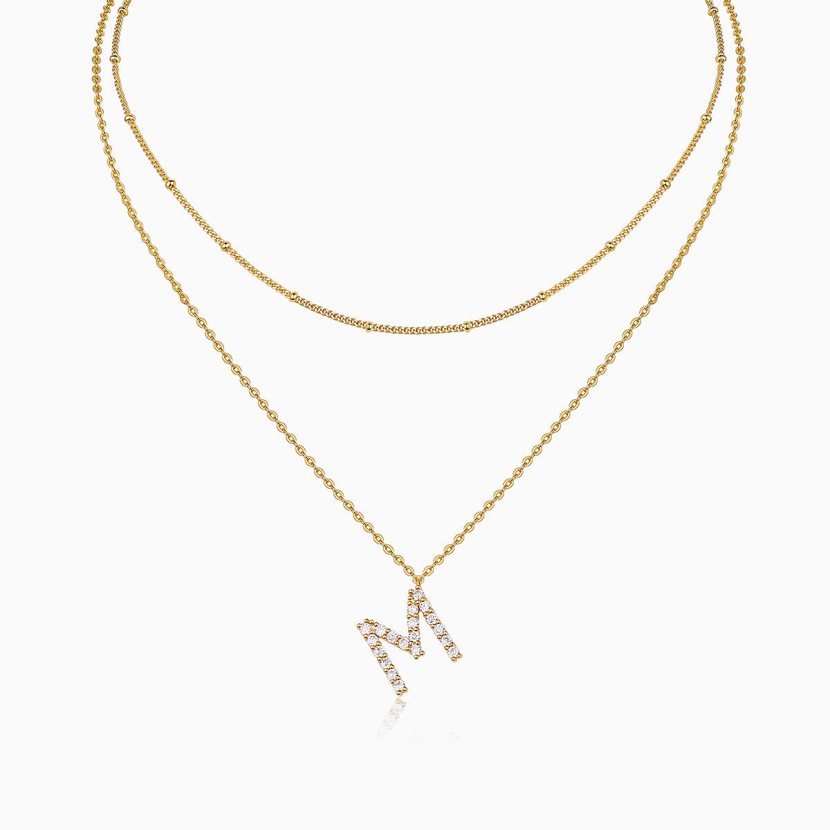 Double-layer initial M moissanite necklace, yellow gold vermeil, sparkling letter M
