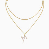 Double-layer initial M moissanite necklace, yellow gold vermeil, sparkling letter M