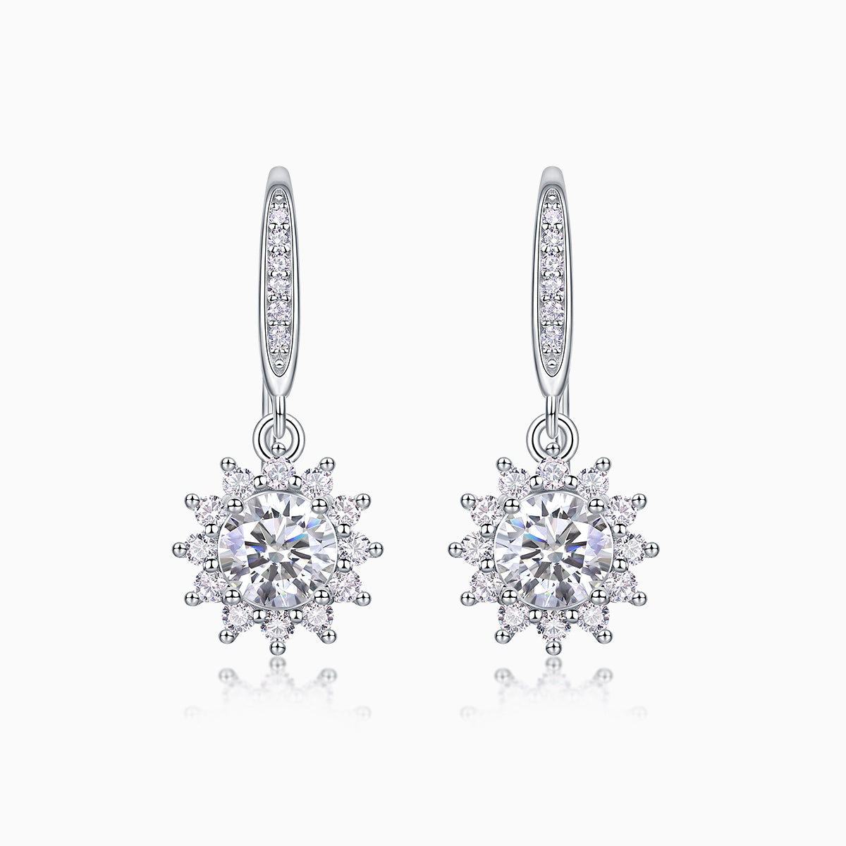 Sunflower halo drop earrings, round moissanite center with starburst crystal halo (white gold)