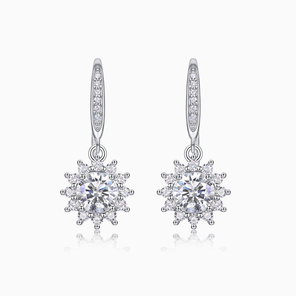 Sunflower halo drop earrings, round moissanite center with starburst crystal halo (white gold)