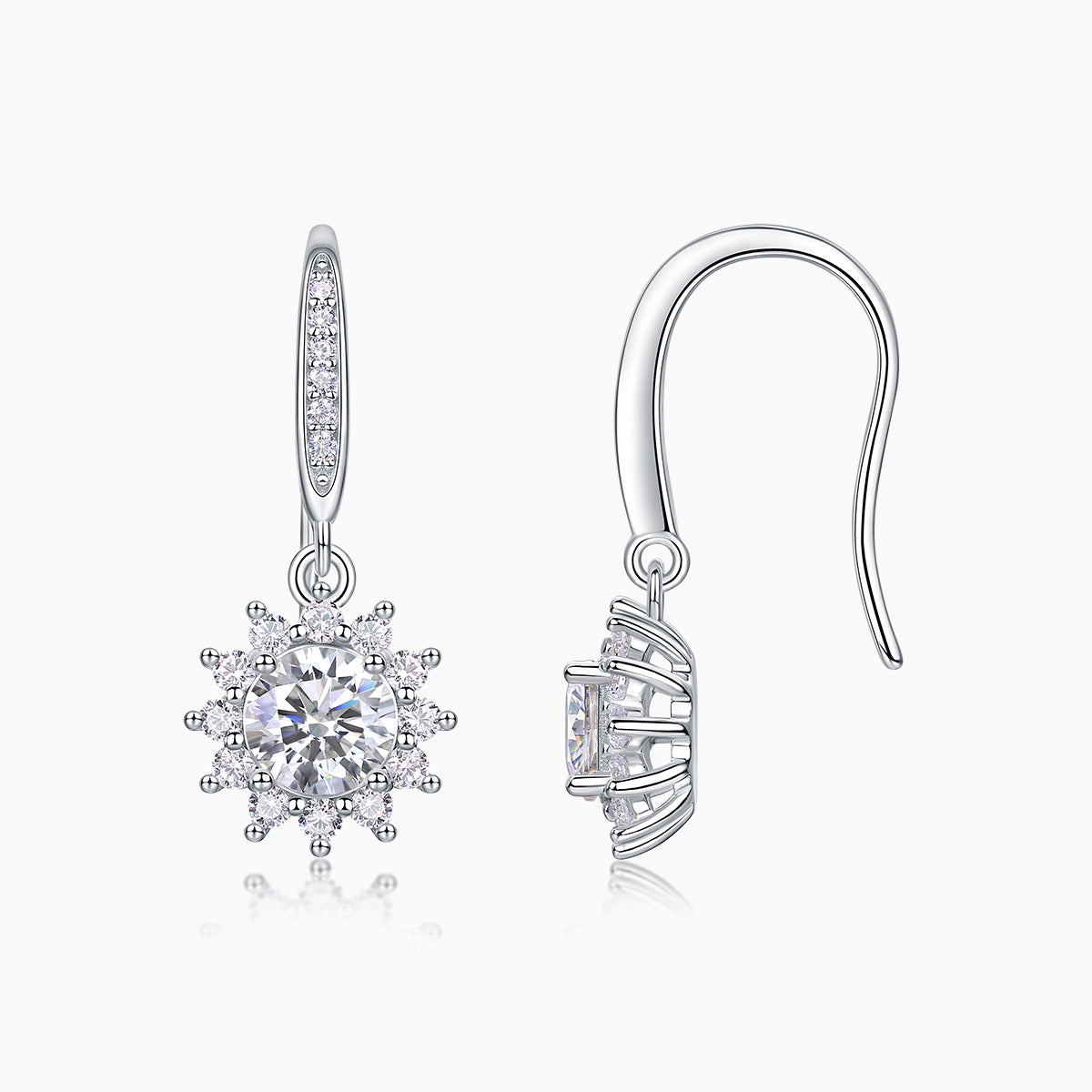 Sunflower halo drop earrings, leverback hook with round moissanite center and crystal halo