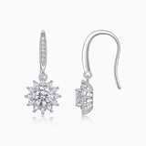 Sunflower halo drop earrings, leverback hook with round moissanite center and crystal halo