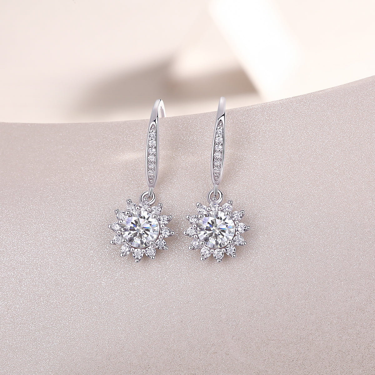 Sunflower halo drop earrings, white gold vermeil with round moissanite flower drops